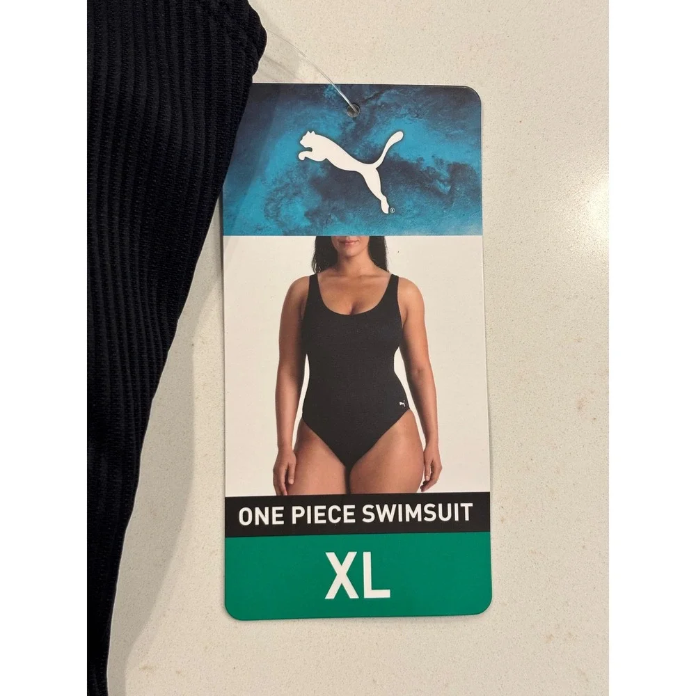 Puma XL One Piece Swimsuit Womens Black Ribbed UPF 50+ Chlorine Resistant